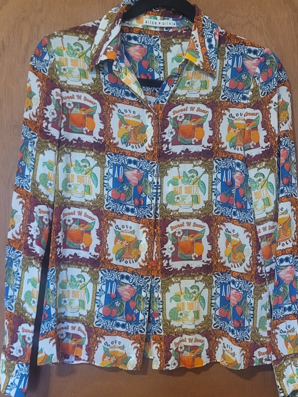 Alice + Olivia Multicolor Framed Fruit & Cocktail Print Button-Down Blouse